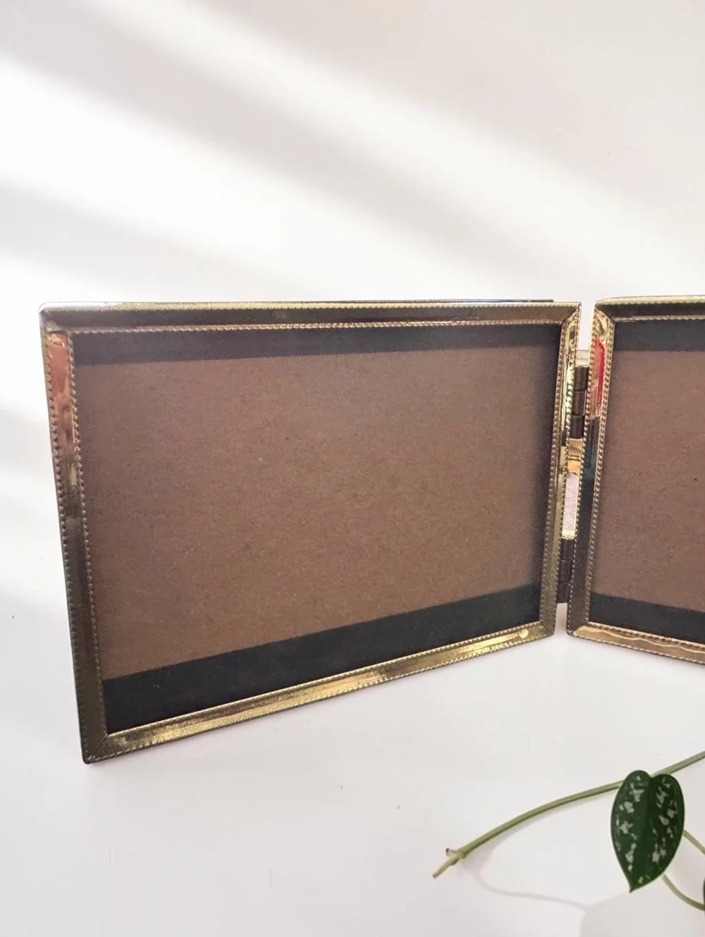 Vintage Hinged Double Picture Frame Gold Tone Ornate Folding Tabletop 3x5 Photos